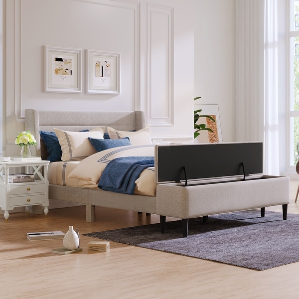 Beige Queen Upholstered Storage Bed with Storage Ottoman Bench and Two Nightstands - - 37893671