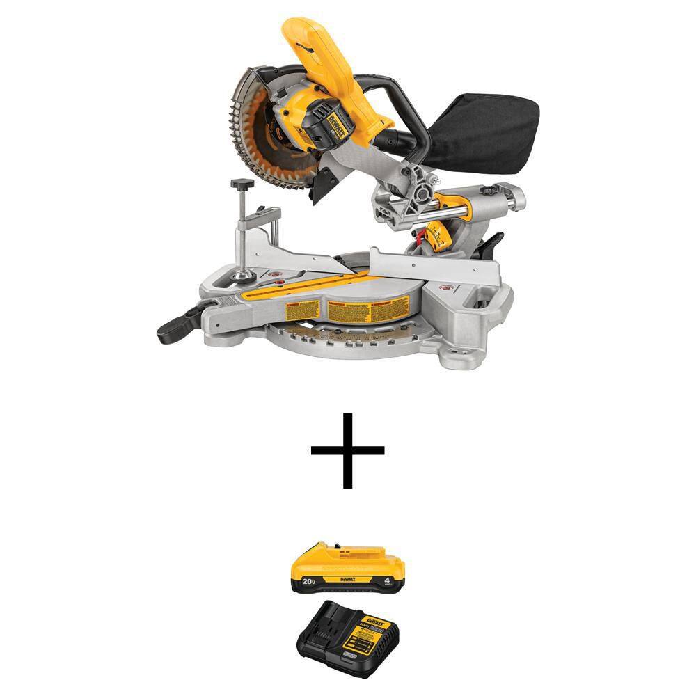 DW 20V MAX Cordless 7-14 in. Sliding Miter Saw (1) 20V MAX Compact Lithium-Ion 4.0Ah Battery and 12V to 20V MAX Charger DCS361BWDCB240C