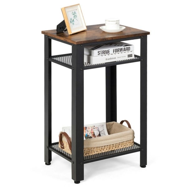 3 Tier Industrial End Table with Metal Mesh Storage Shelves