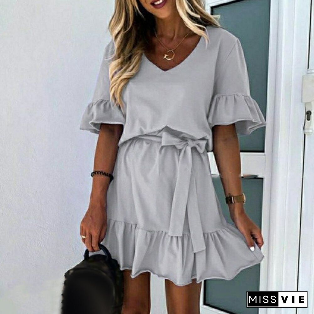 Ladies Sexy Ruffle Mini Dress Casual Short Sleeve Women Party Dresses Elegant V Neck Lace-up Summer Dress Female Vestidos D30