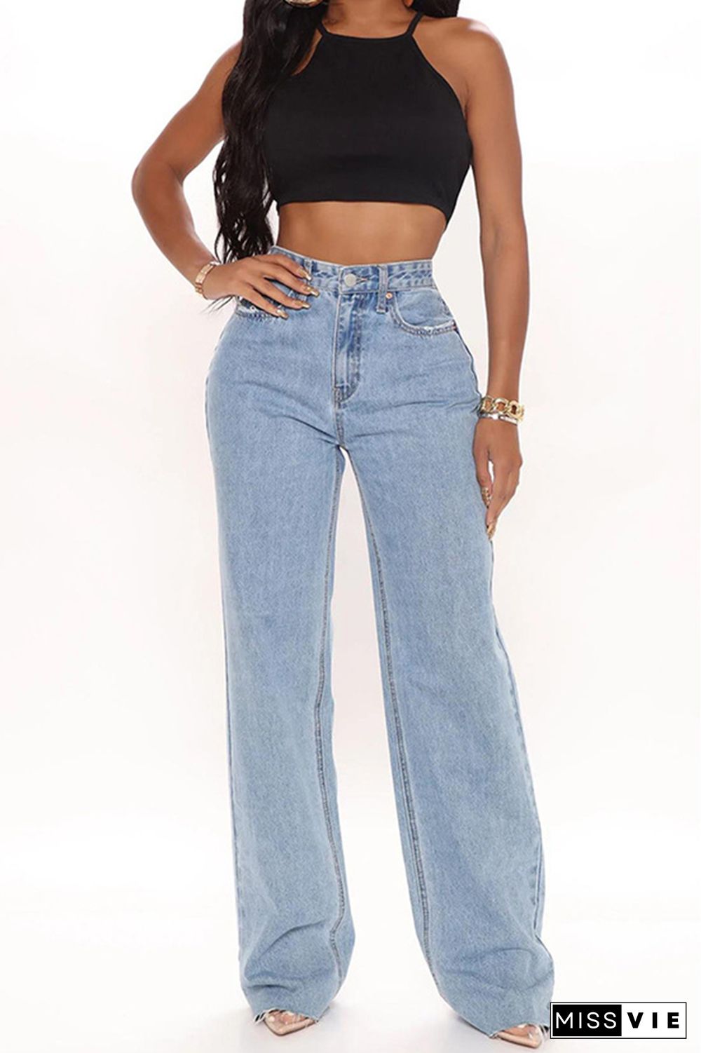 Washed Blue High Waist Wide Leg Jeans