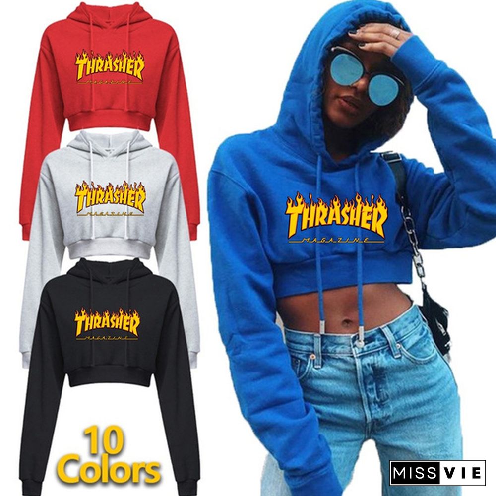 Fashion Womens Sexy Casual Long Sleeve Hooded Short Sweatshirt Plain Crop Tops Pullover Hooded Sweatshirt Cropped Hoodie