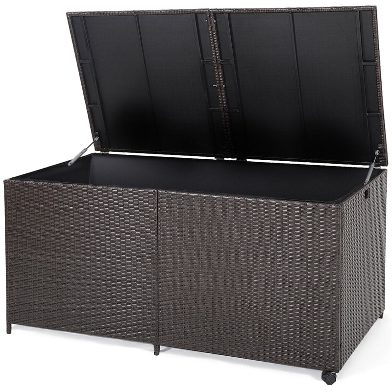 175 Gallon Rattan Garden Storage Box Wicker Deck Box with 2 Universal Wheels & Waterproof Zippered Liner