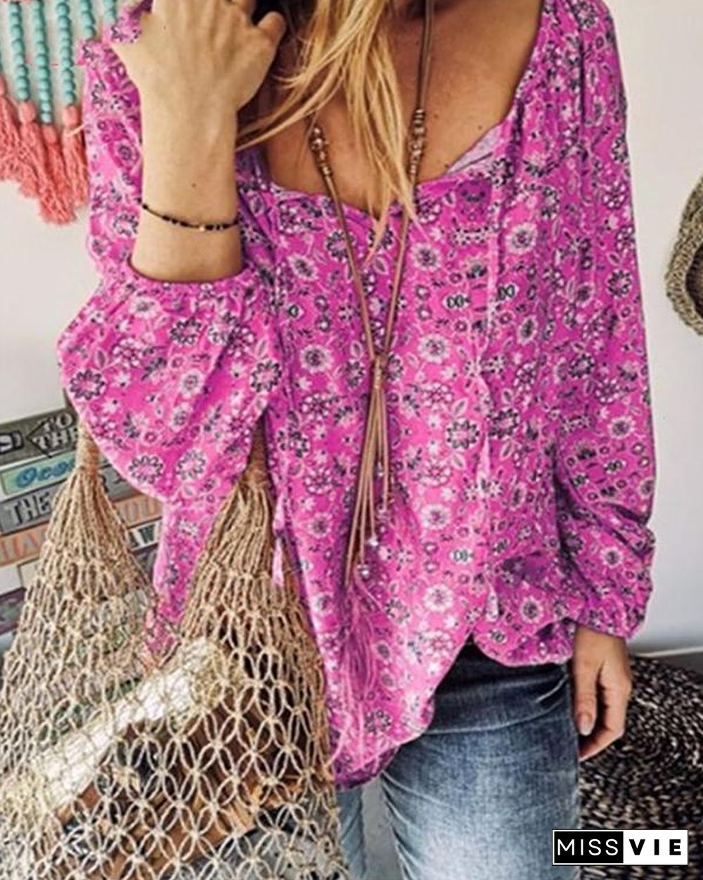 Plus Size Floral Ruffled Printed Blouse