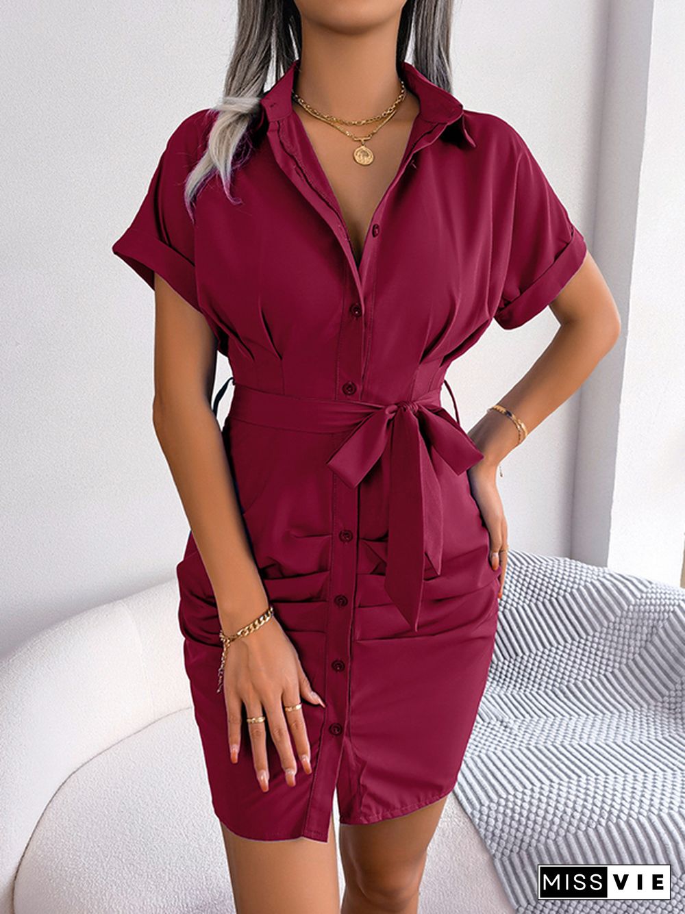 Short Sleeves Bandage Pleated Solid Color Lapel Mini Dresses