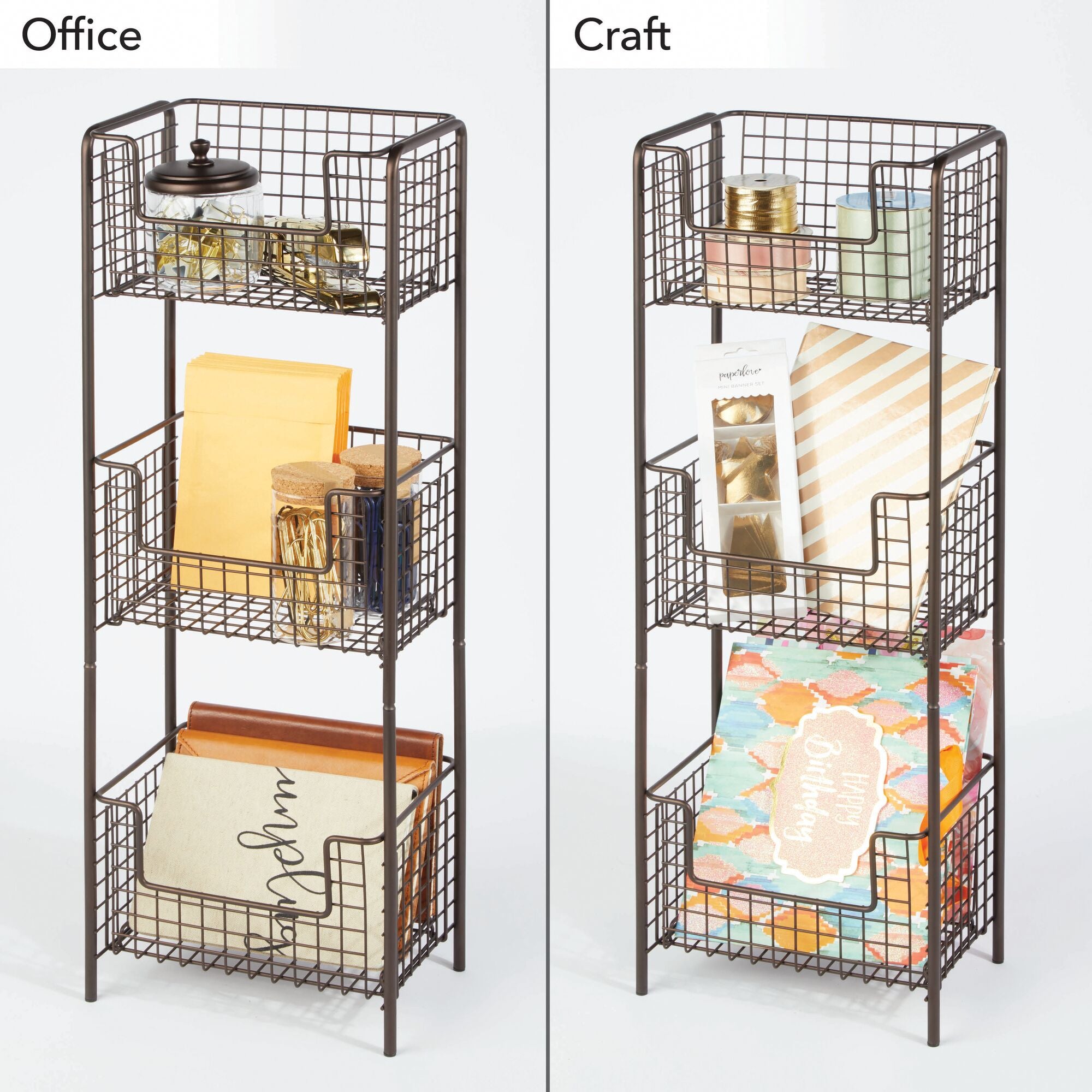 mDesign Steel Freestanding Storage Organizer Tower Rack Basket Shelf， Metal 3-Tier Furniture Unit for Master/Guest Bathroom， Powder Room - Holds Bath Towels， Soap - Concerto Collection - Bronze