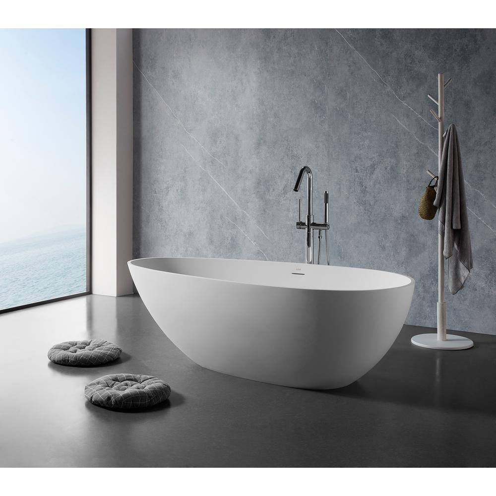 VANITYFUS 59 in. Stone Resin Flatbottom Solid Surface Freestanding Soaking Bathtub in White with Brass Drain VF-CloW34-S