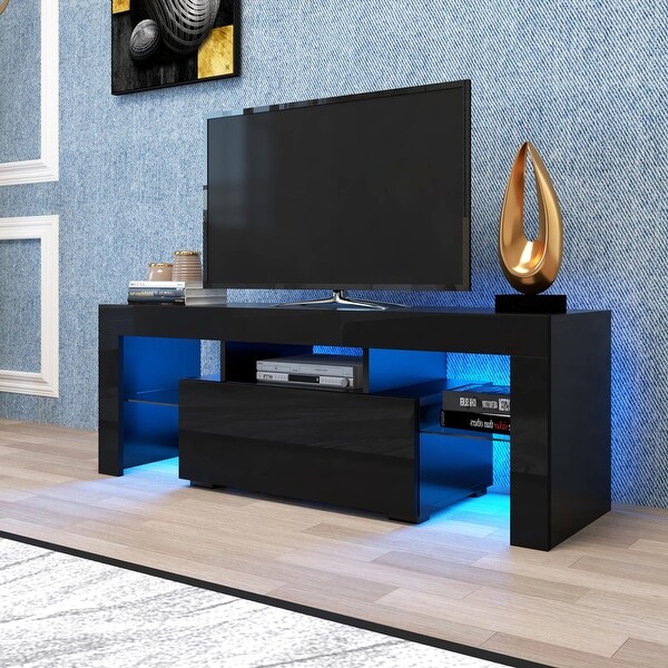 Black TV Stand with LED RGB Lights，Flat Screen TV Cabinet