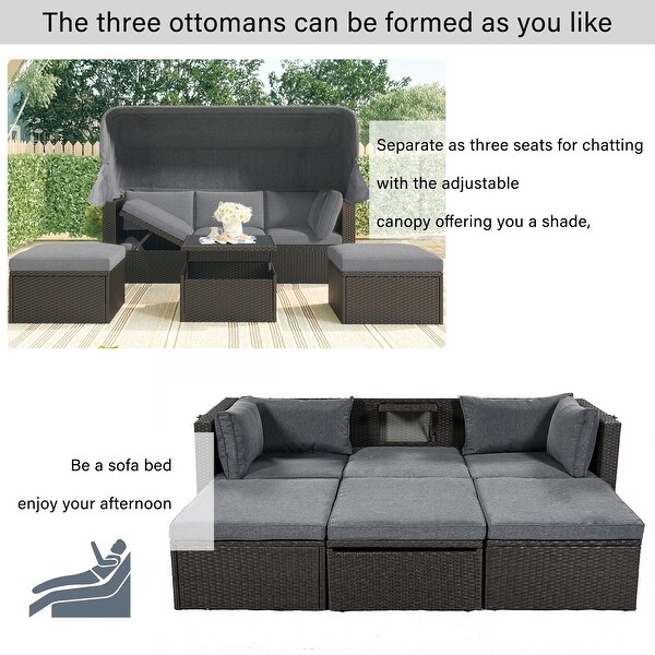 Roomfitters Outdoor Patio Rectangle Daybed with Retractable Canopy，Wicker Sectional Seating with Washable Cushions