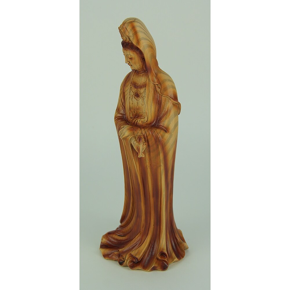 Guanyin Goddess Of Mercy Faux Carved Wood Look Statue   11.75 X 4.25 X 4 inches