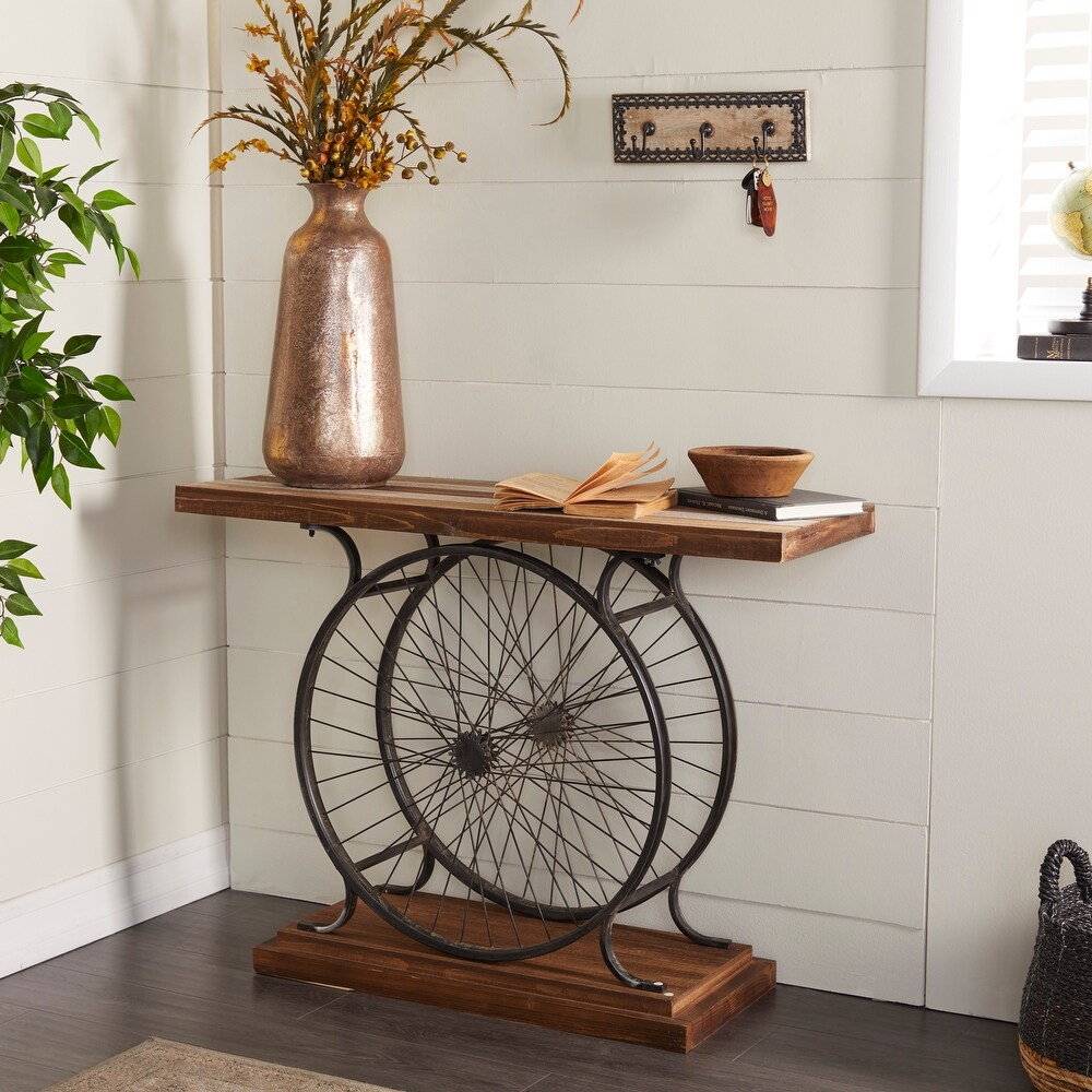 Brown Wood Wide Slatted Top Bike Console Table with Dual Wheel Frame and Tiered Base   25\