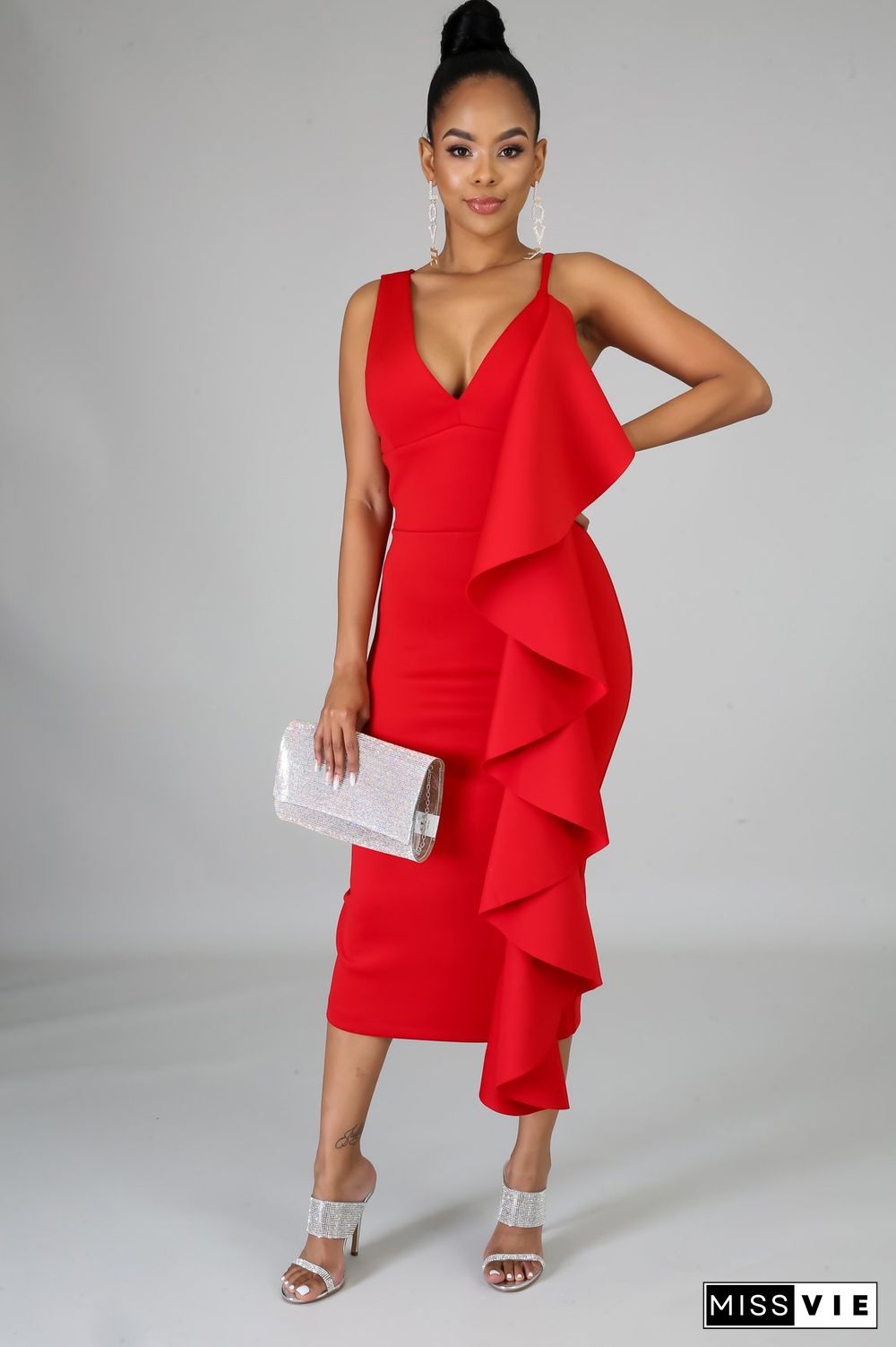 Irregular Ruffle Sleeveless Evening Dress