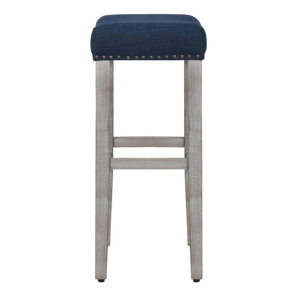 WESTIN OUTDOOR Jameson 29 in. Antique Gray Wood Bar Stool with Navy Blue Linen Seat (Set of 2) ID401-29-AG-NB-2