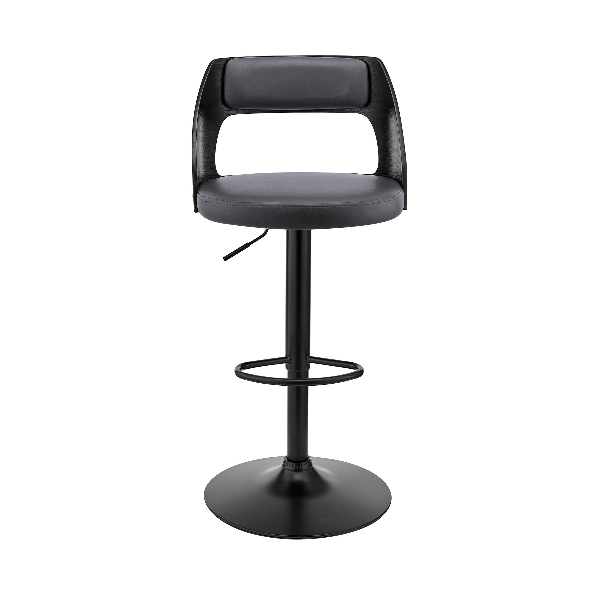 Paulo Adjustable Swivel Grey Faux Leather and Black Wood Bar Stool with Black Base