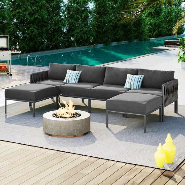 Gray 6piece Outdoor Conversation Sofa Set with Waterproof Thick Cushions，and Elegant Rope Weave Detailing，Free Combination