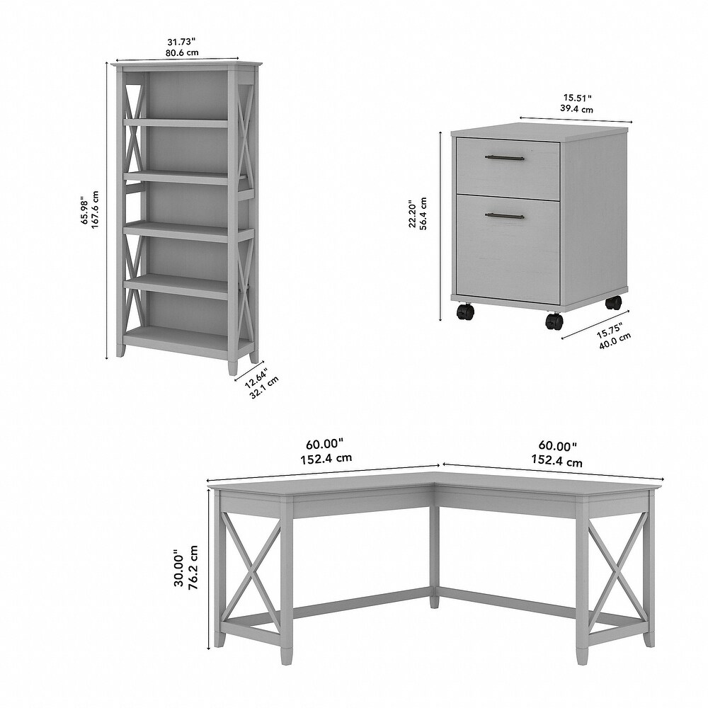 Key West 60W L Desk with File Cabinet and Bookcase by Bush Furniture