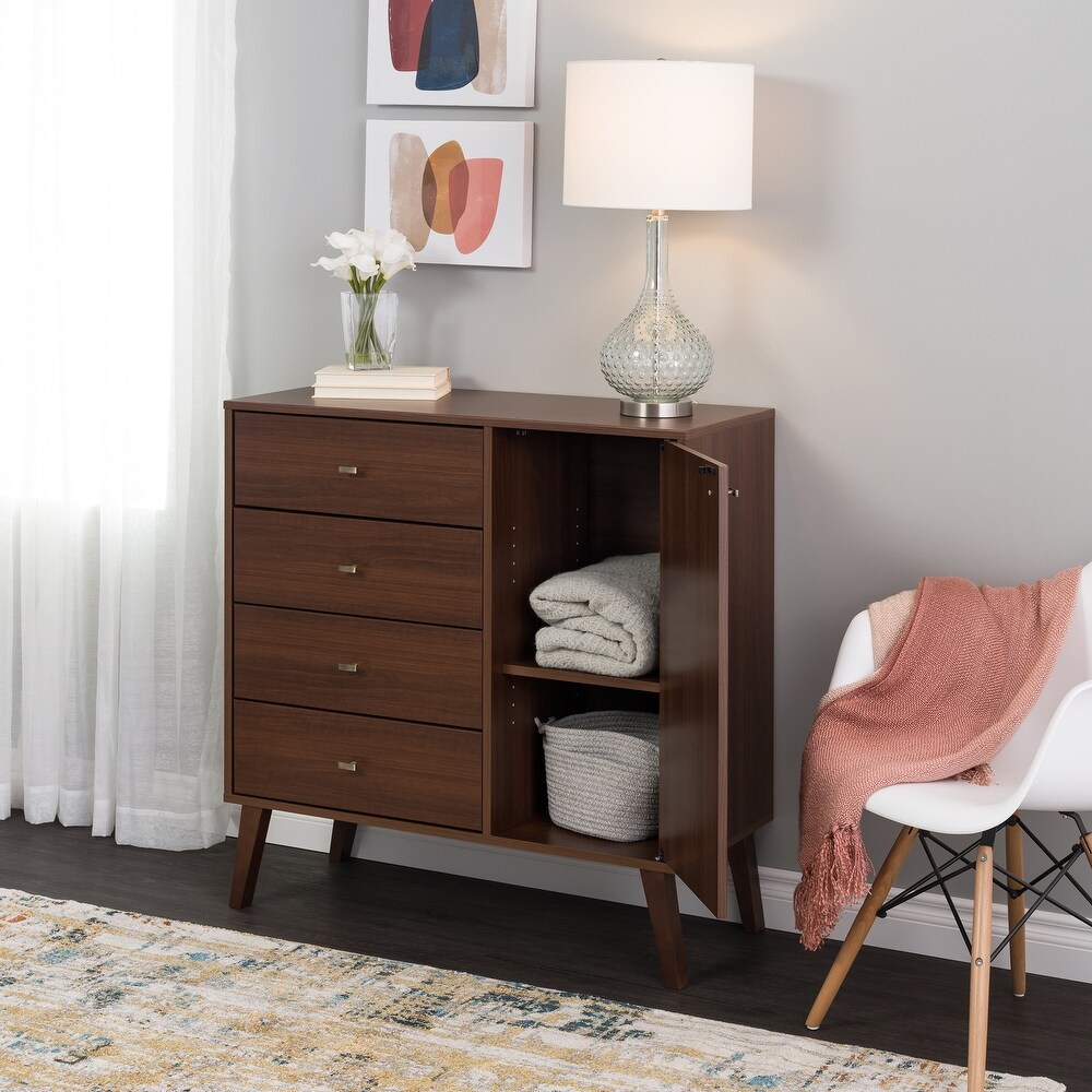 Prepac Milo Mid Century Modern 4 Drawer Combo Dresser  Chest of Drawers With Door  Contemporary Bedroom Furniture