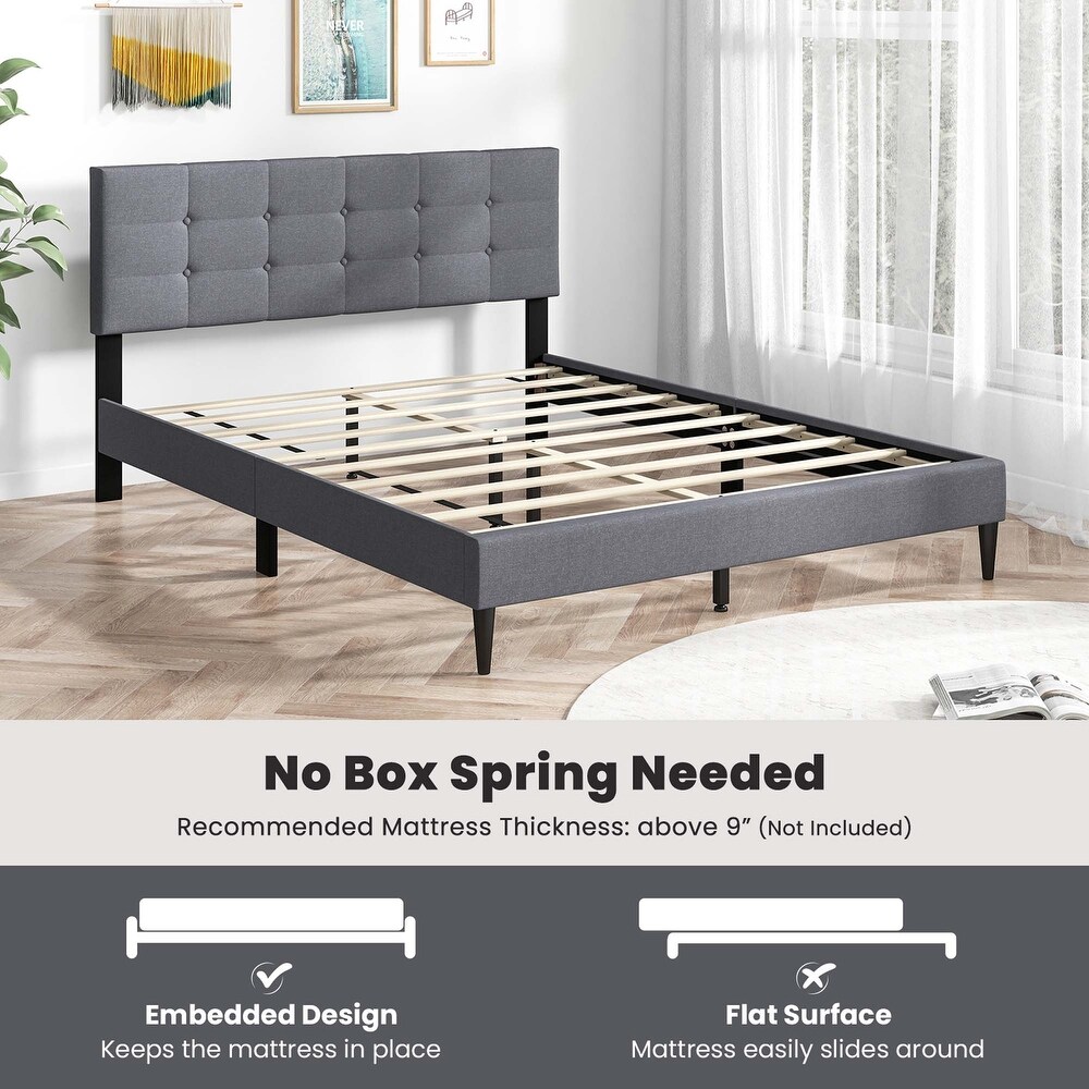 Queen Upholstered Platform Bed Mattress Foundation Headboard Blue/Grey