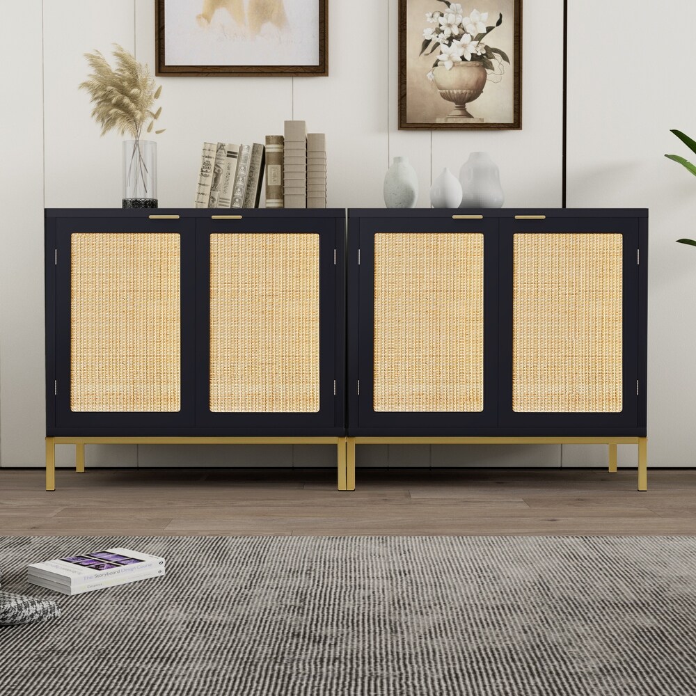 Anmytek 31.5 W Cabinet Black Wood Rattan Mid Century Sideboard Accent Furniture