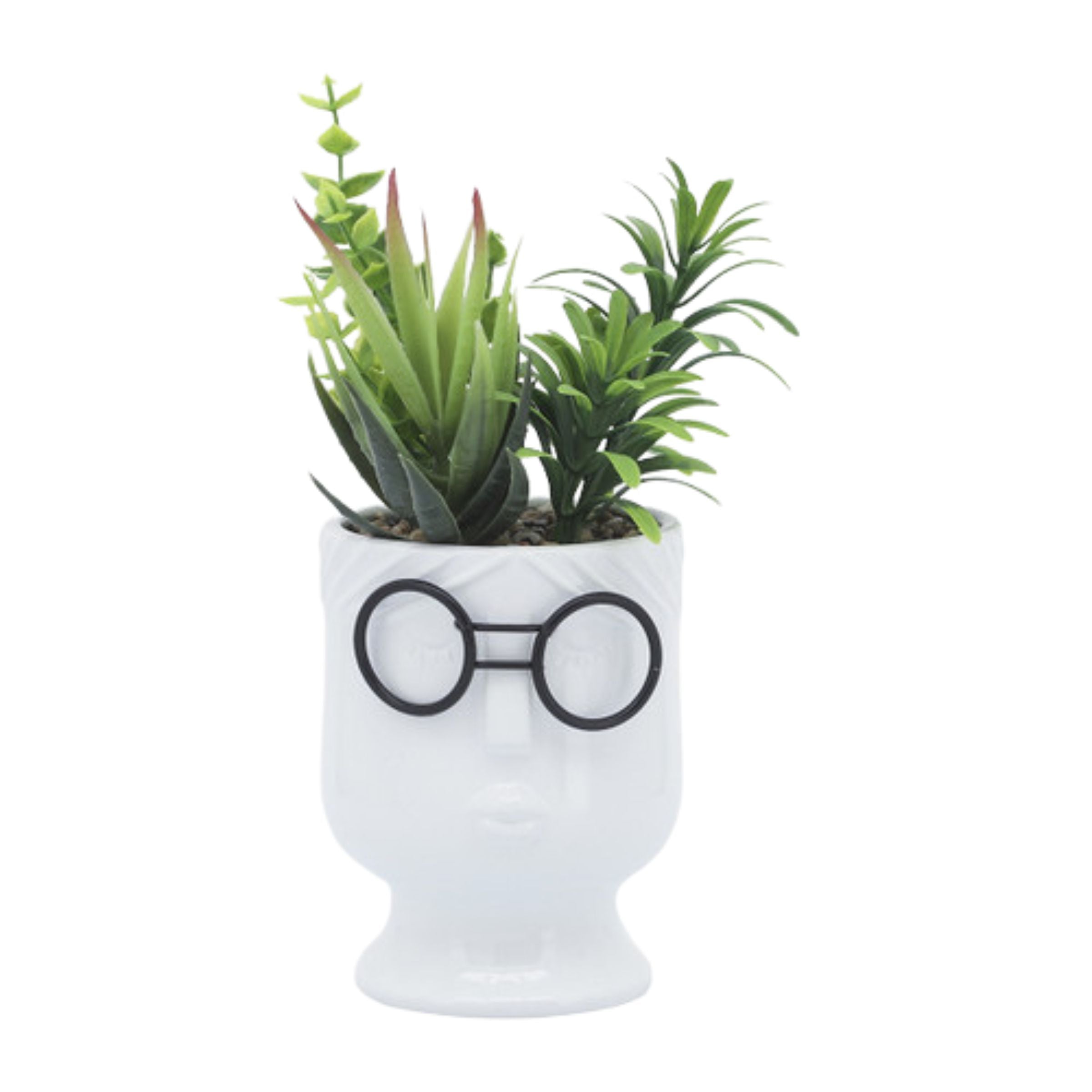 Face Ceramic Planter With Artificial Plants 10 Cm - White 16971-01