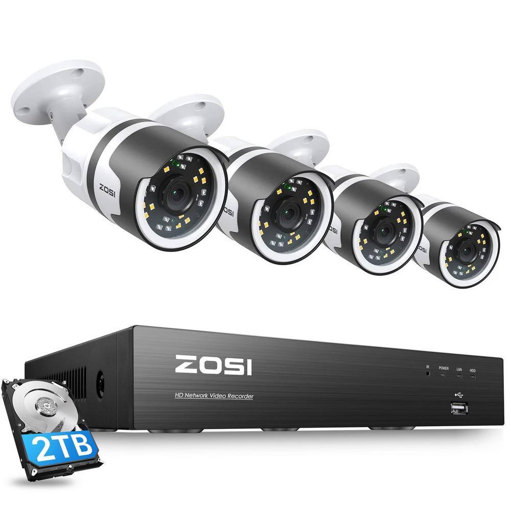 ZOSI 8-Channel 5MP POE 2TB NVR Security Camera System with 4 5MP Wired Outdoor Cameras Human Detection 2-Way Audio 8HQ-1905W4-20-US-A2