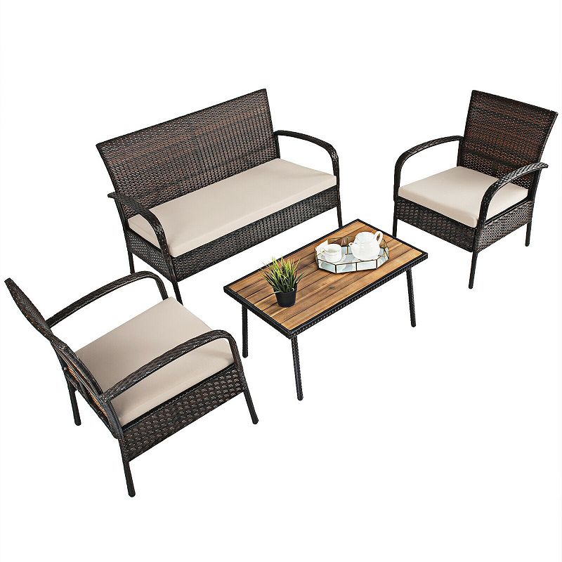 4 Pieces Patio Cushioned Wicker Conversation Set with Acacia Wood Tabletop