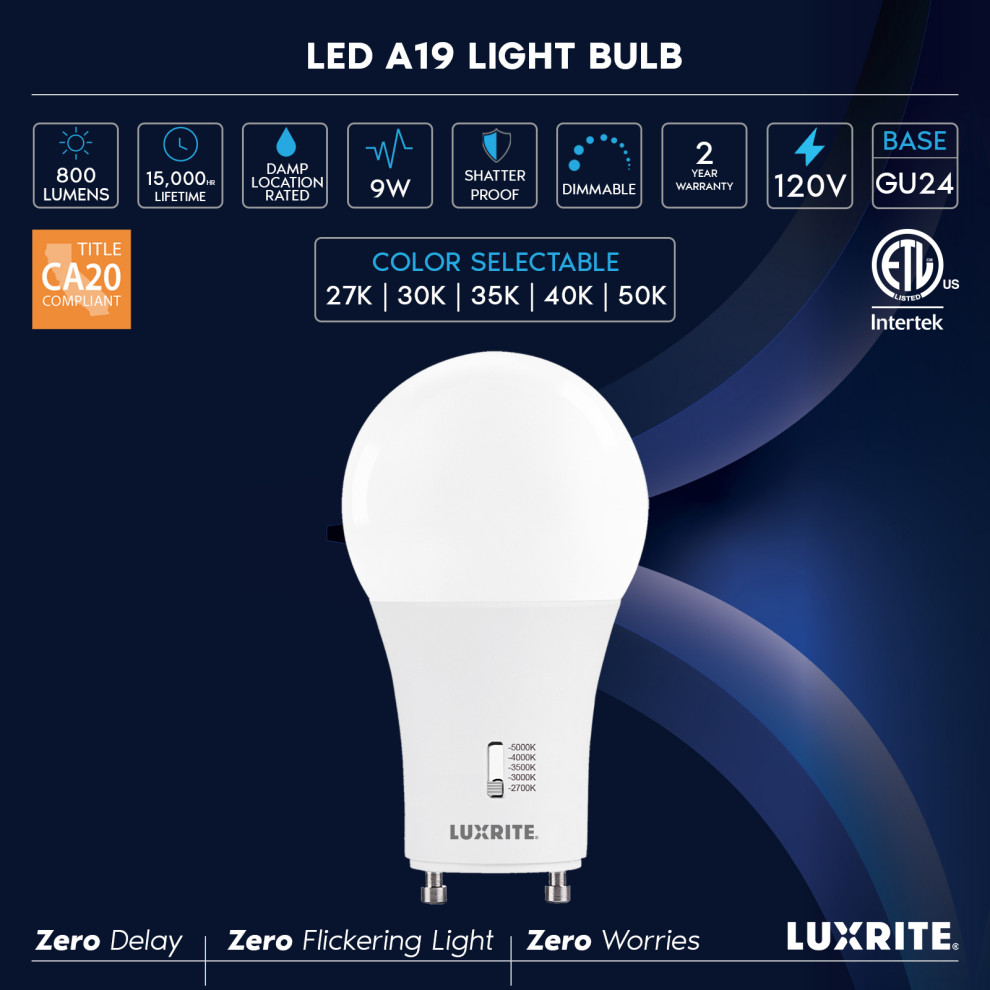 Luxrite A19 GU24 LED Bulb 5CCT Dimmable 800LM 9W Damp Rated 12 Pack   Outdoor Flood And Spot Lights   by Luxrite  Houzz