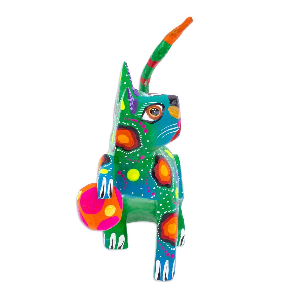 Novica Handmade Feline Sport In Green Wood Alebrije Figurine