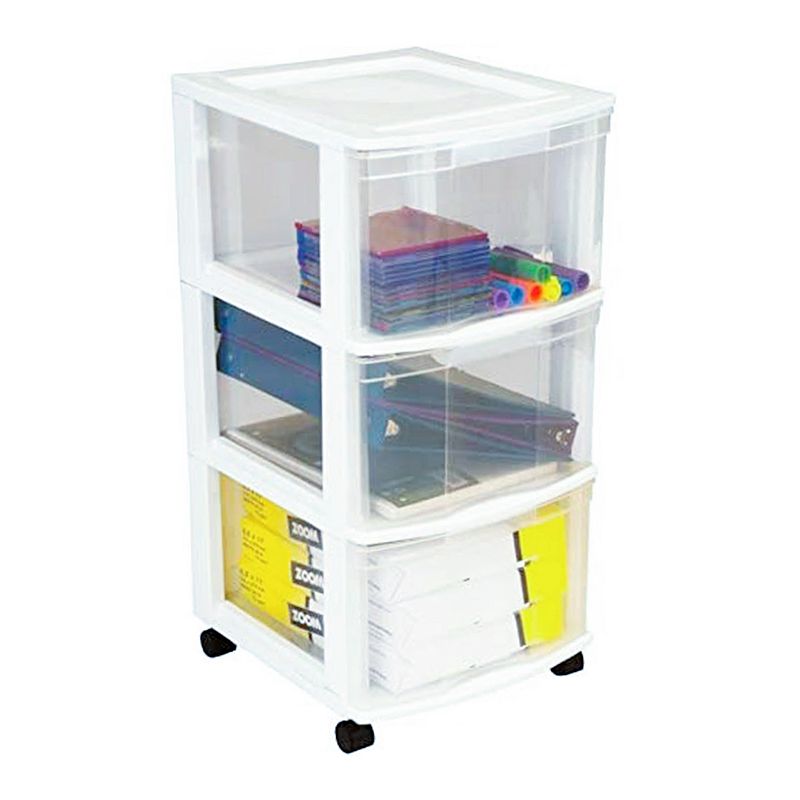 Gracious Living Clear 3 Drawer Storage Chest System with Casters， White (2 Pack)