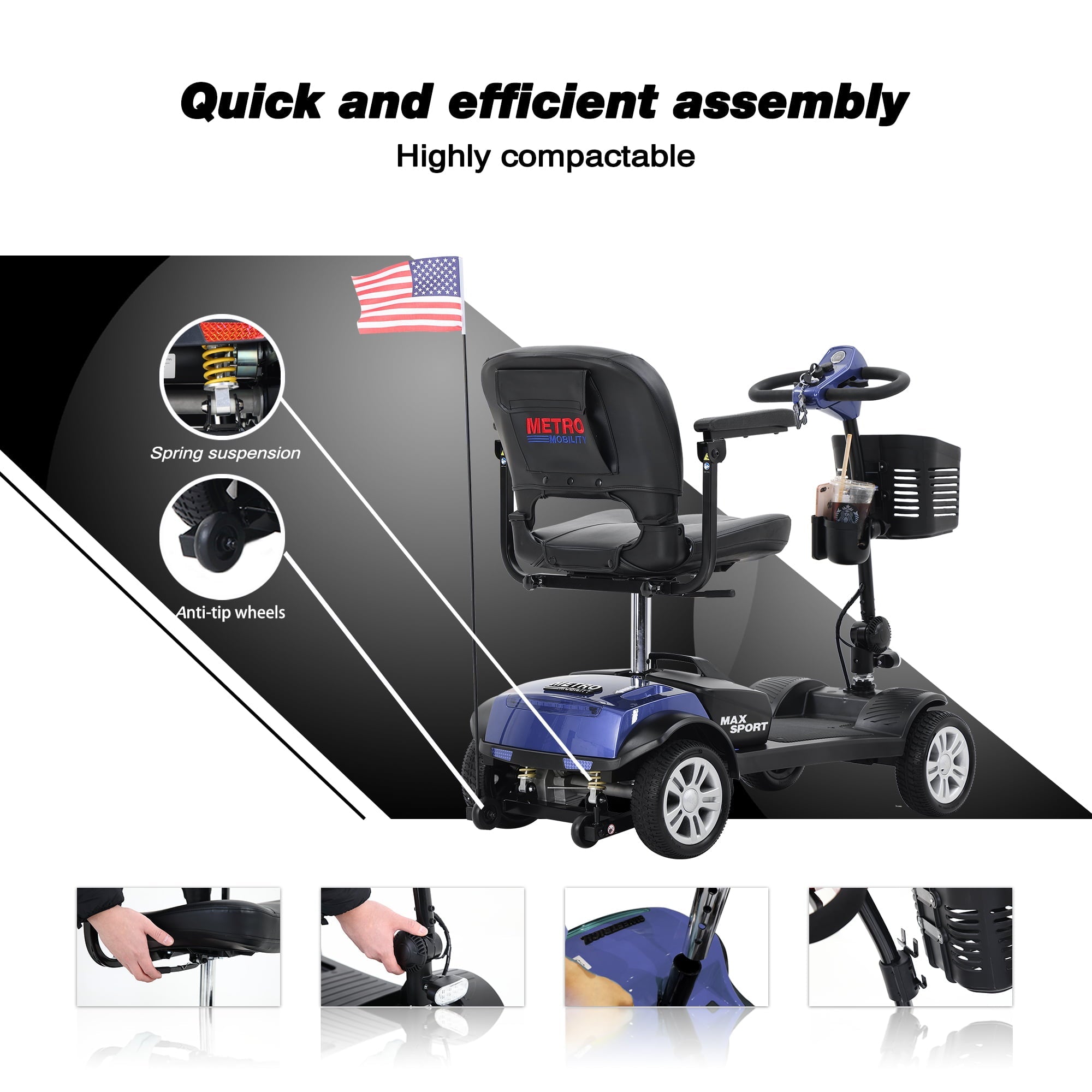 Kowilk  4 Wheel Mobility Scooters- Folding Electric Powered Wheelchair Device for Seniors Adults Elderly, Collapsible and Compact Heavy Duty Mobile for Travel with Basket