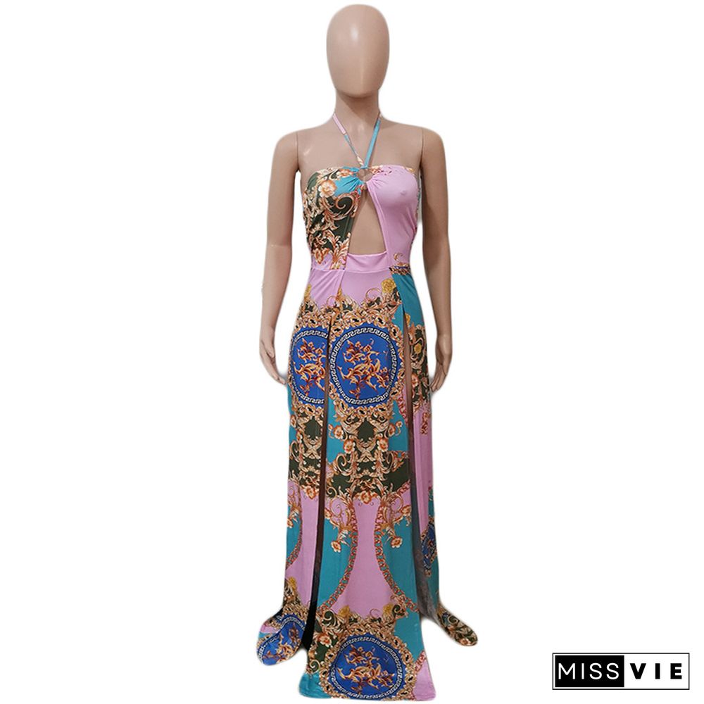 Vintage Pattern Printed High Slit Backless Maxi Dress