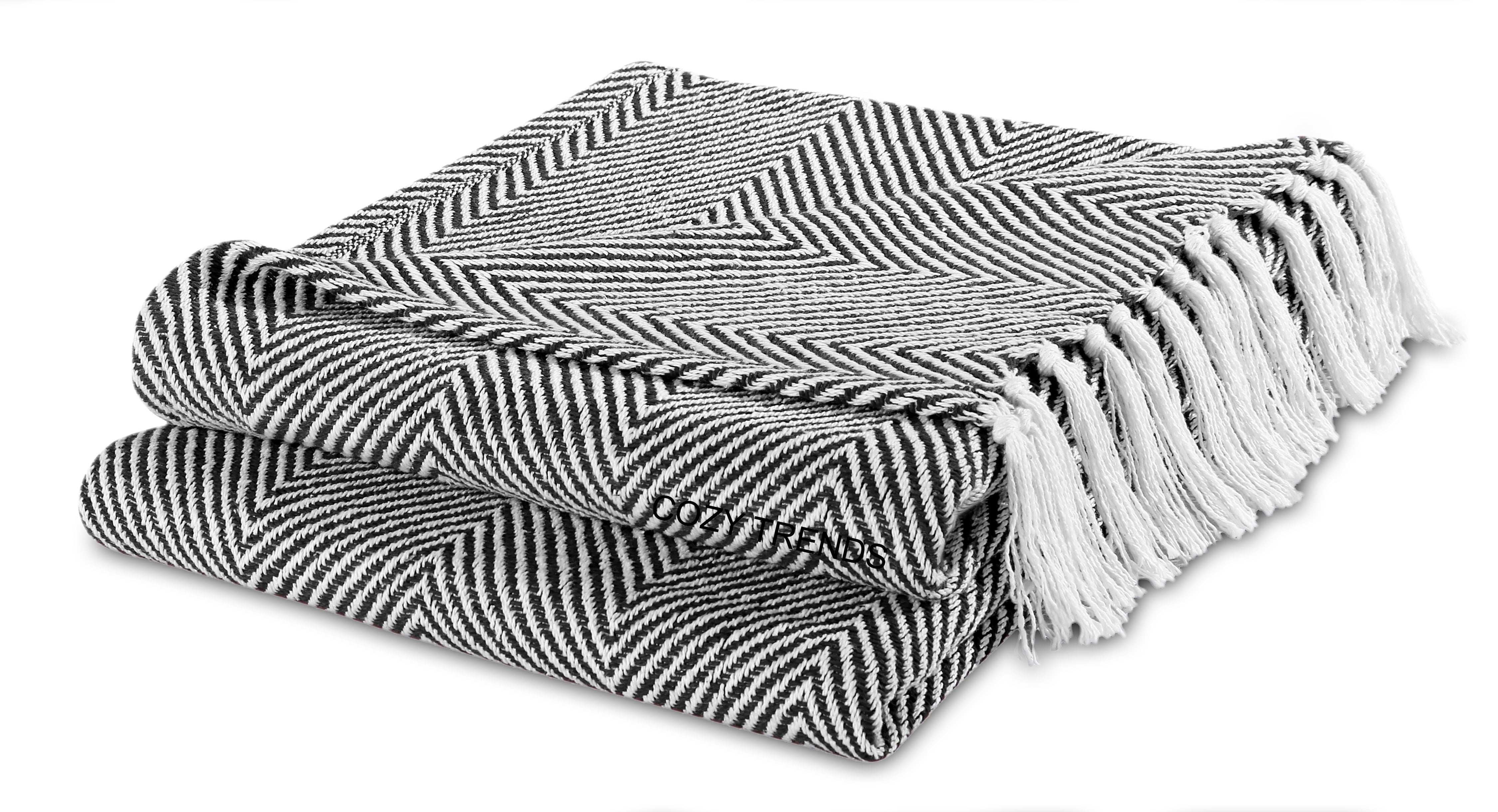 Luxurious Hand Woven Cozy Warm Combed Cotton All Season Indoor Outdoor Light Weight Fade Resistant Couch Chair Bed Throw Blankets Chevron 50x60 Inch Set of 2