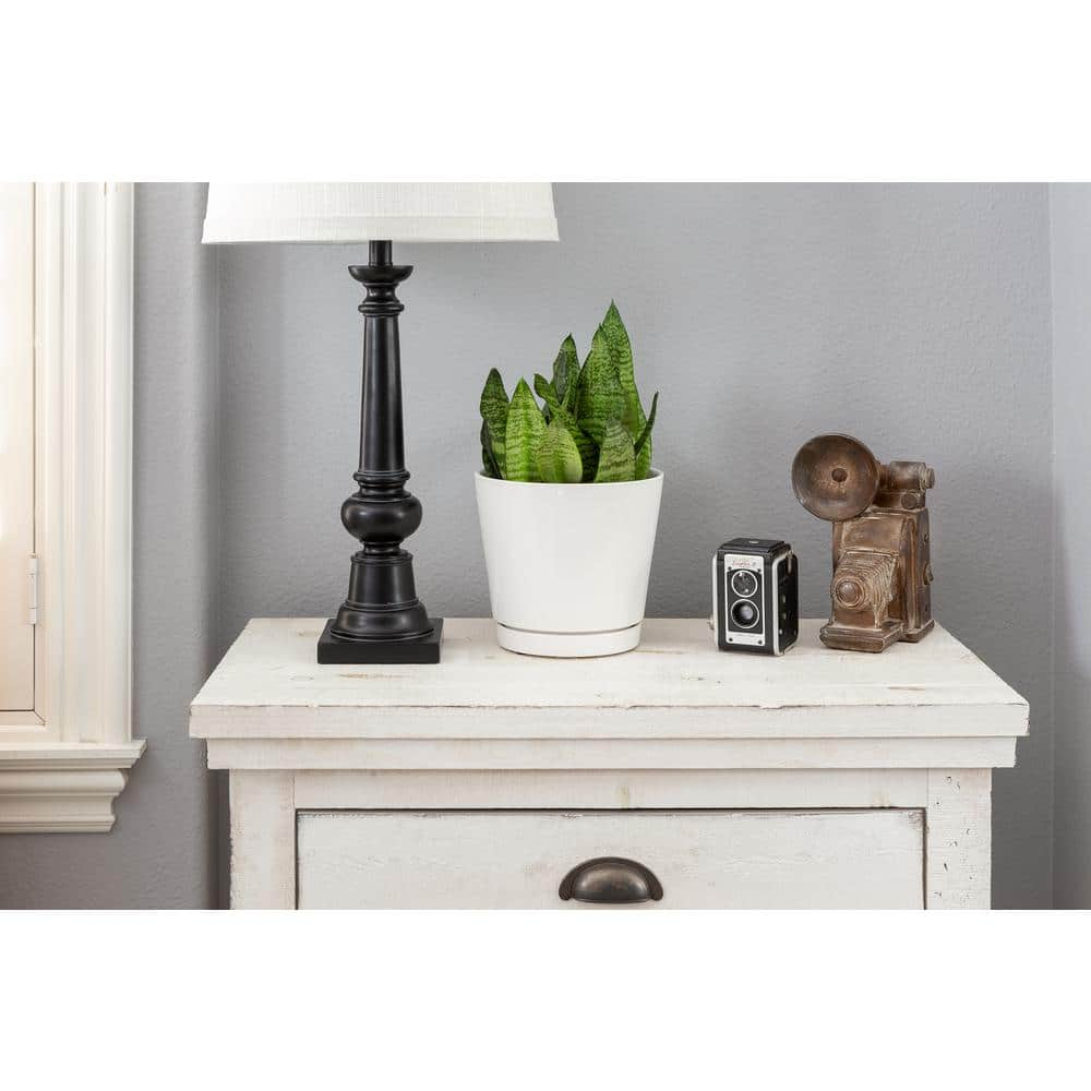 Vigoro 8.1 in. Piedmont Medium White Ceramic Planter (8.1 in. D x 7.6 in. H) with Drainage Hole and Attached Saucer CR01721S-08W