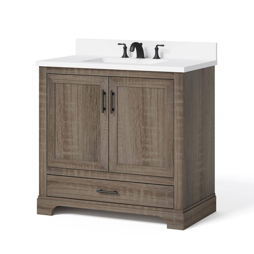 Glacier Bay Kendall 36 in. W x 34.5 in. H Bath Vanity in Distressed Oak with Engineered Stone Vanity Top in White with White Basin HDC36PRGV