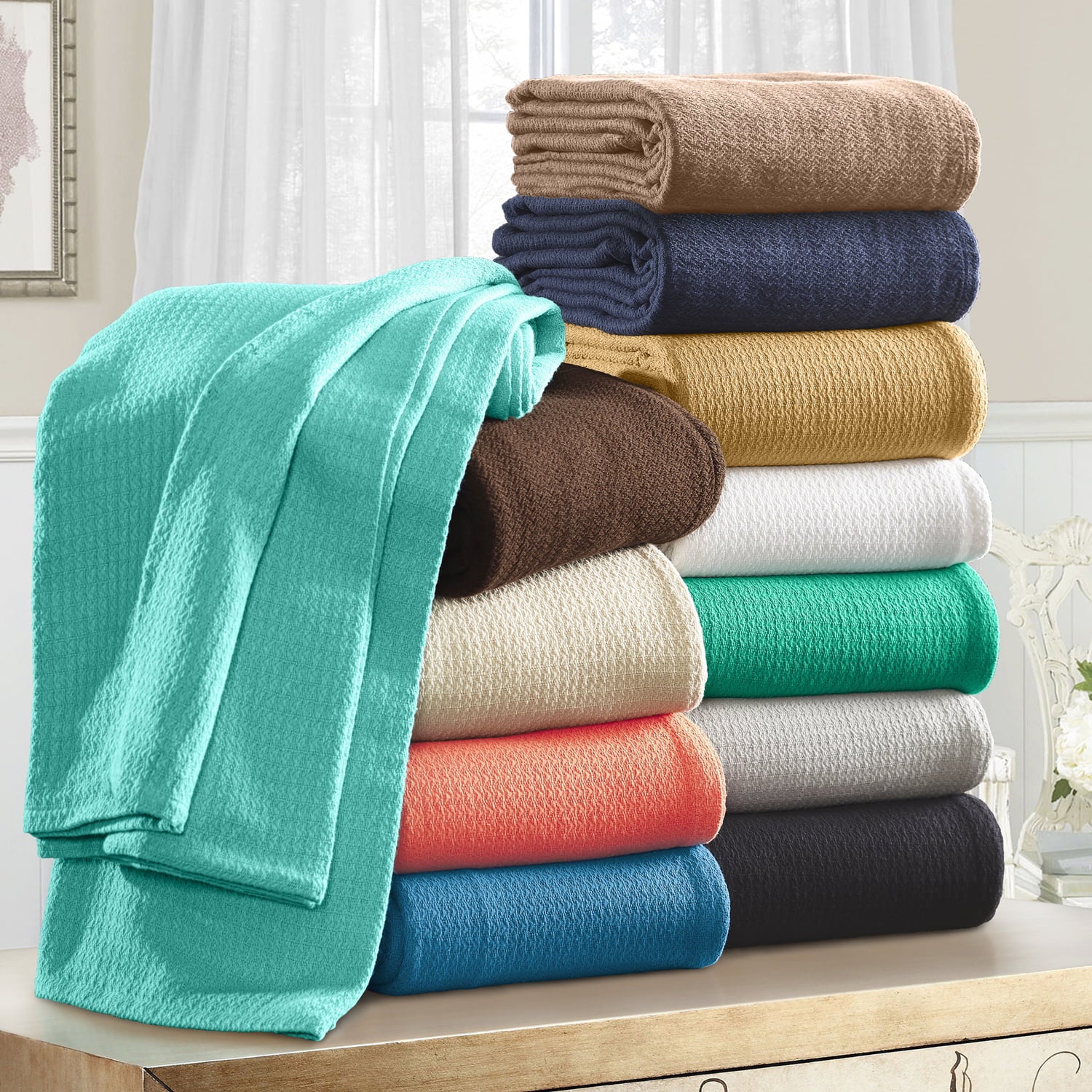 Impressions Solid Woven Cotton Throws and Blankets， Twin