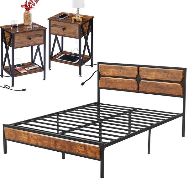 Industrial 3-Piece Platform Bed Frame and Charging Station USB Port Nightstands Set of 2 Rustic Brown - - 36714347