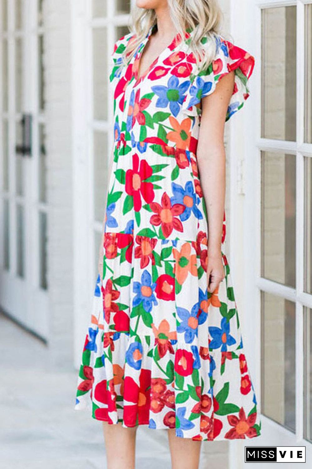 Multicolor Flutter Sleeve V Neck High Waist Floral Midi Dress