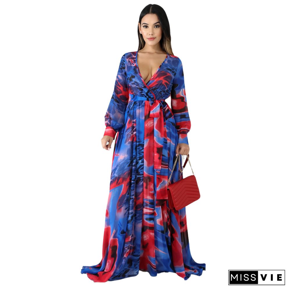 Summer Vacation Printed Long Sleeve Deep V Neck With Waist Belt A Line Women Maxi Dress