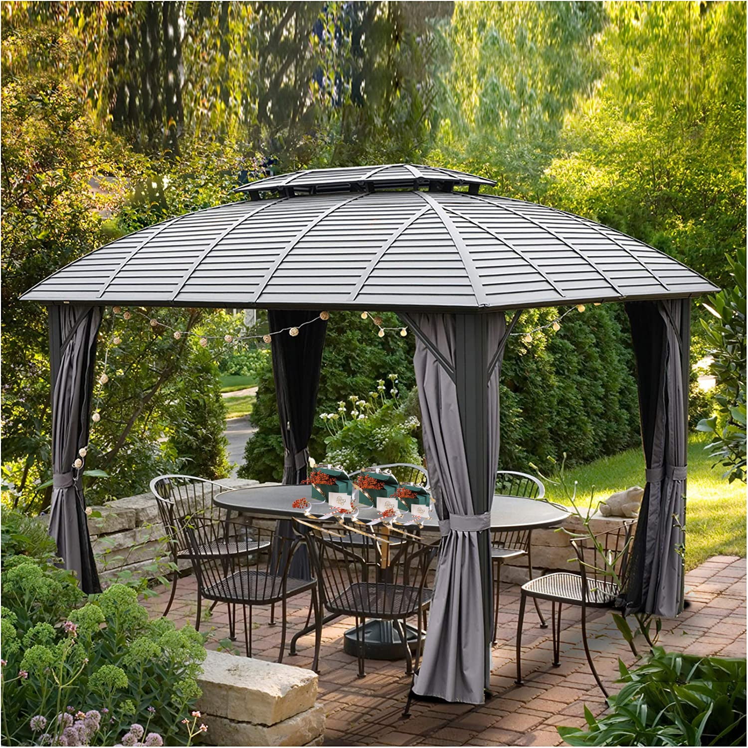 Domi Outdoor Living 10' x 12' Hardtop Gazebo Outdoor Aluminum Gazebo Arc Grill for Patios Deck Backyard,Galvanized Steel Double Roof,Curtain&Netting