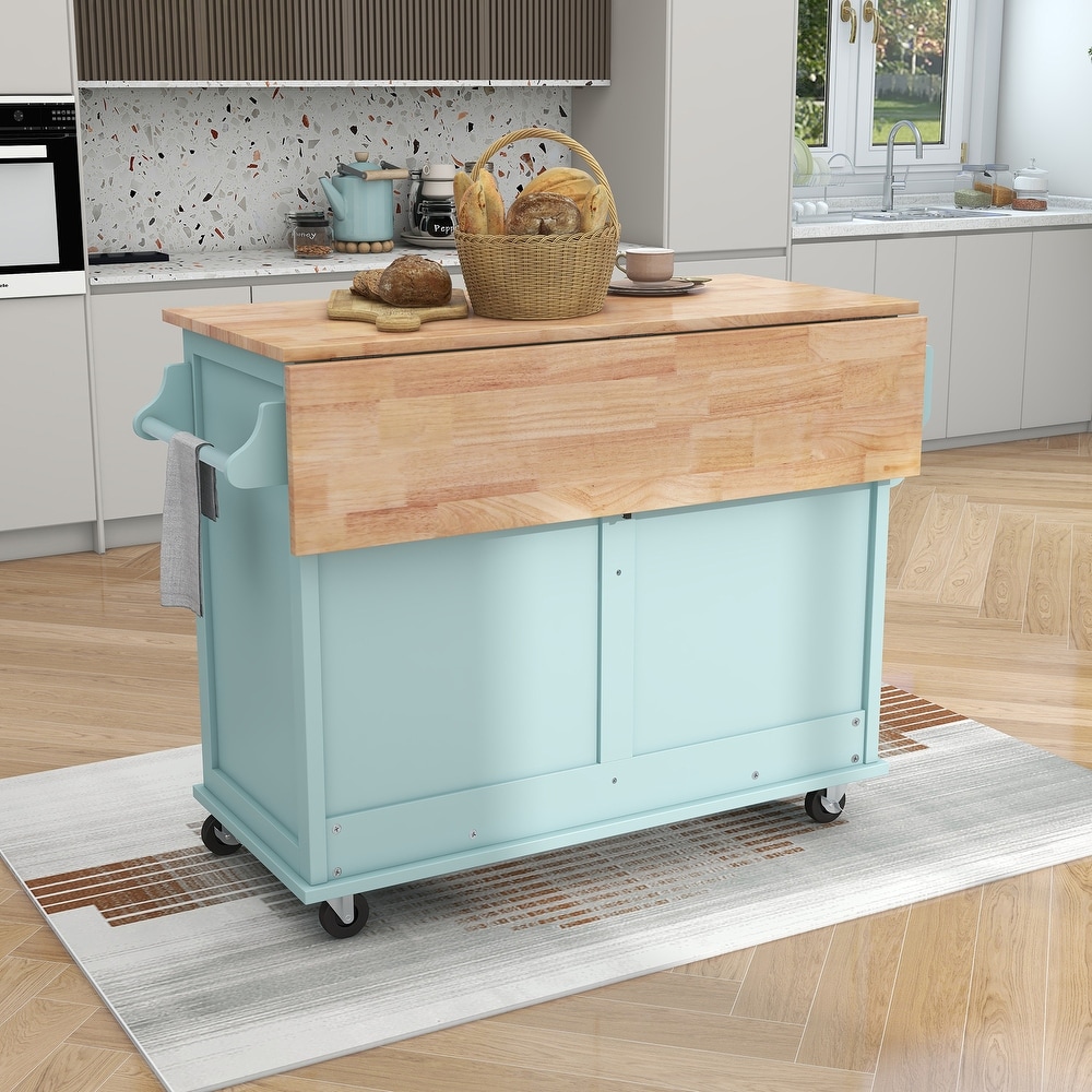 Kitchen Cart with Rubber wood Drop Leaf Countertop  Concealed Sliding Barn Door  Storage Cabinet   2 Drawers for Dinning Room