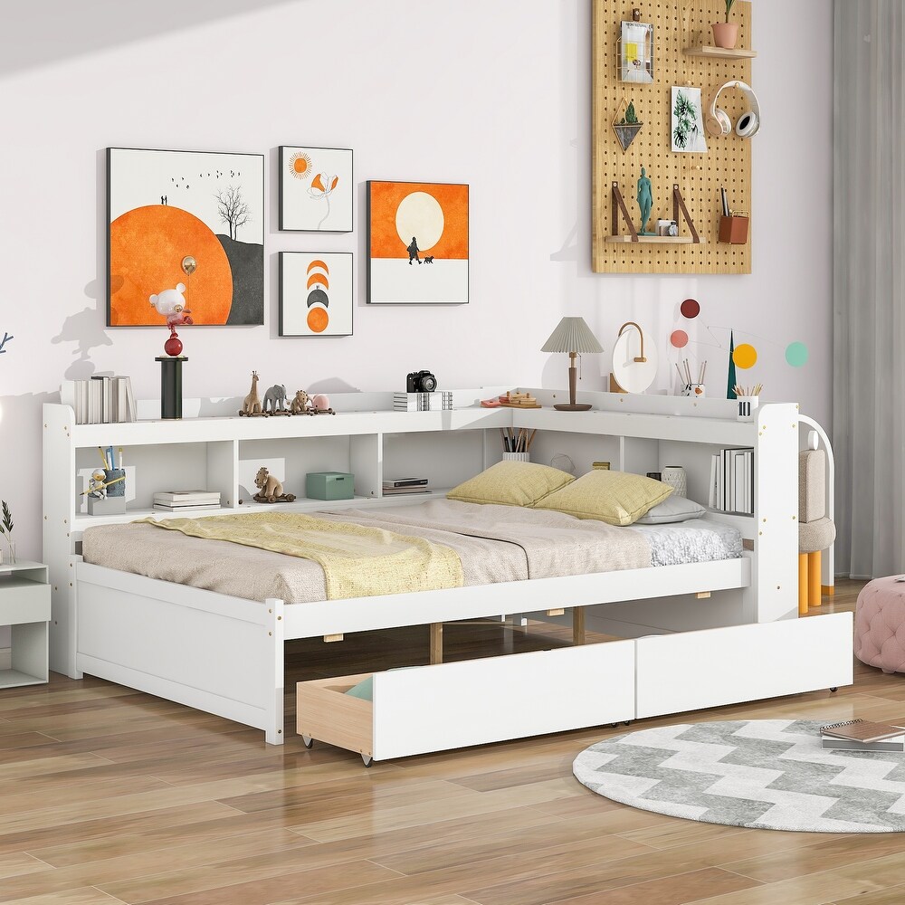 Full Bed with L shaped Bookcases  Drawers  White