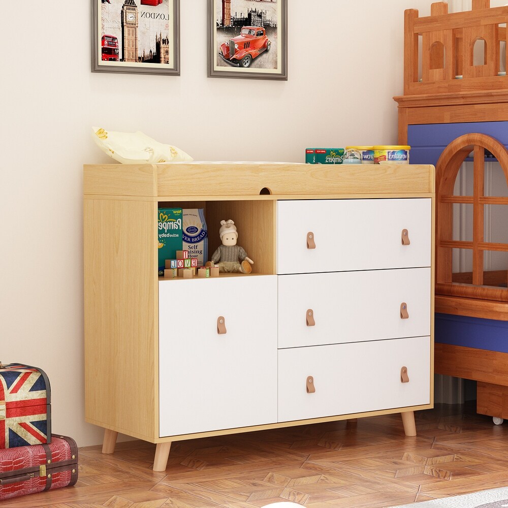 Baby Changing Table Dresser with 4 Drawers Shelf Hidden Trash Storage