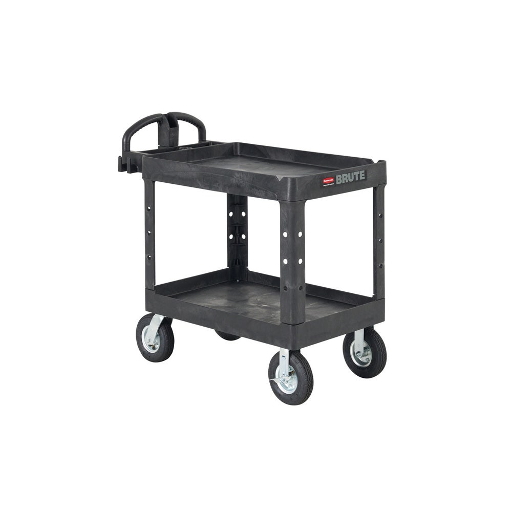 Rubbermaid FG452010BLA Brute Heavy-Duty Ergo Handle Two-Shelf Utility Cart， 500 lb. Capacity， Black