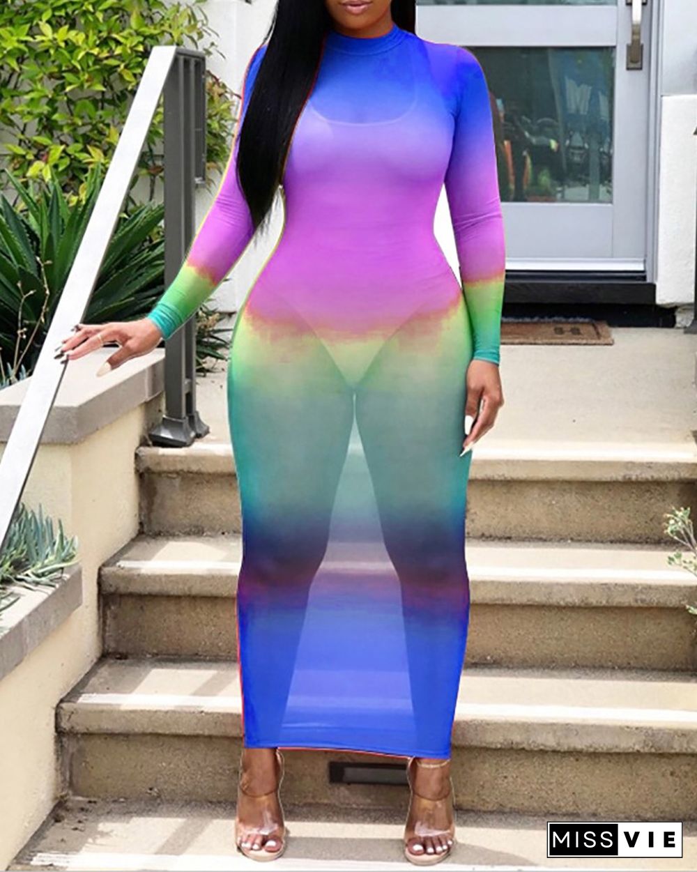 Long Sleeve Colorblock Sheer Maxi Dress