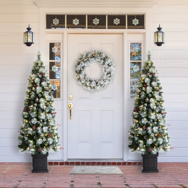 Glitzhome 4ft/5ft/6ft PreLit Pine Artificial Christmas Porch Tree with Decorative Urn Pot