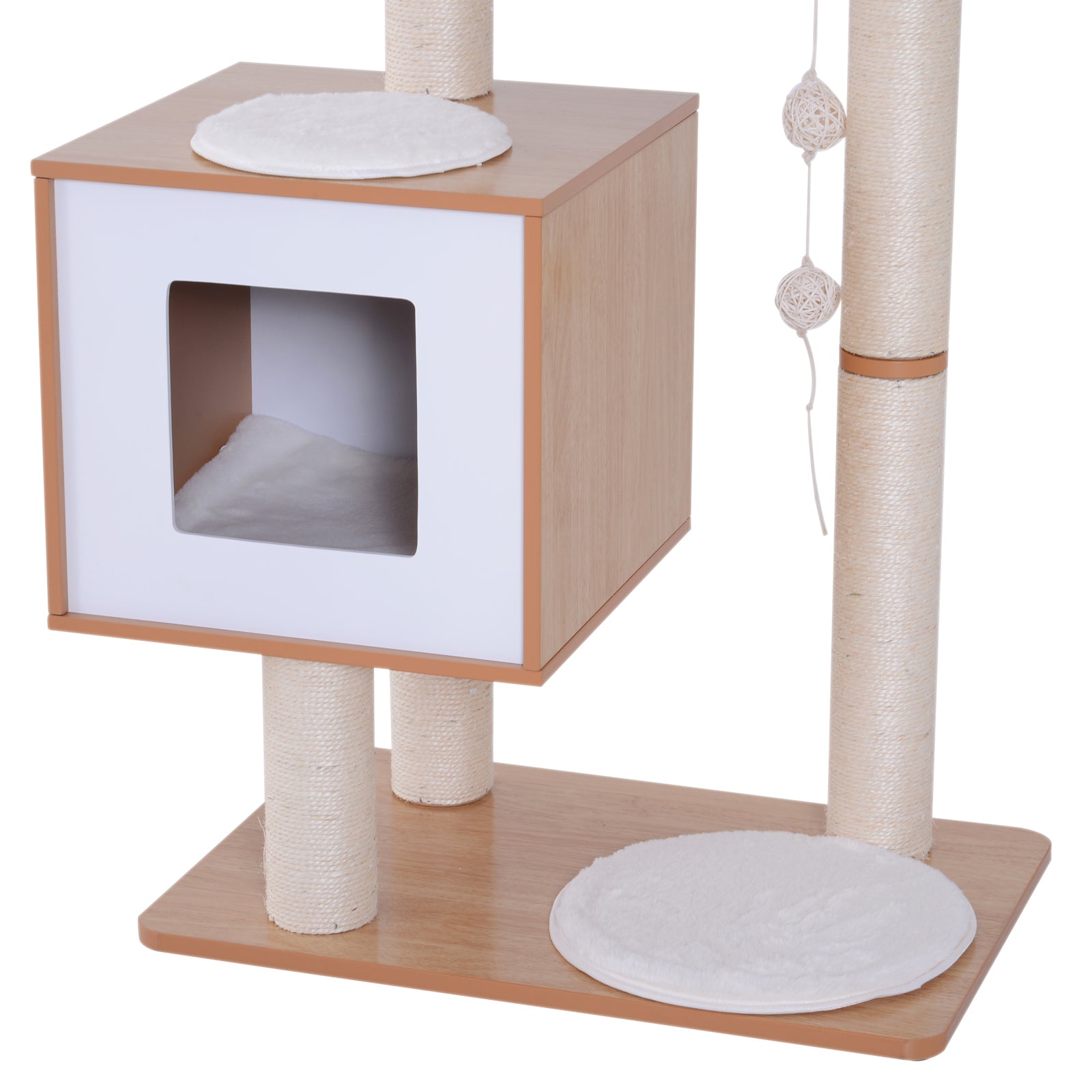 Pawhut 47” Modern Cat Tree Multi-Level Scratching Post With Cube Cave Enclosure - Oak Wood and White