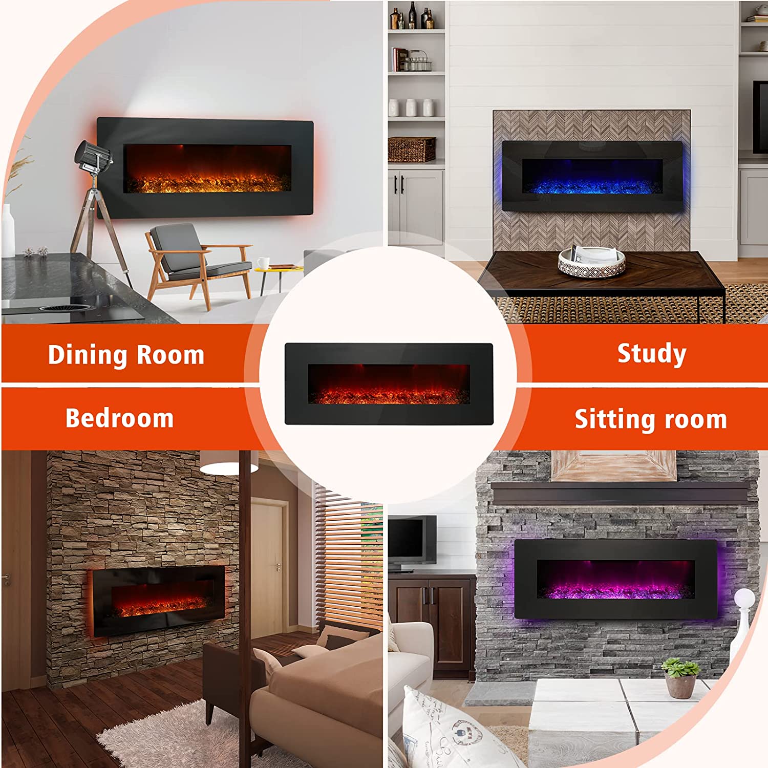 YODOLLA 50'' Wall Mounted Electric Fireplace with 10 Color Flames, Remote Control and Crystal