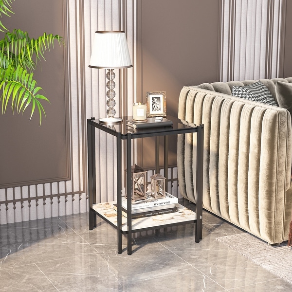 2 Tiers Square Tempered Glass Sofa Side End Table