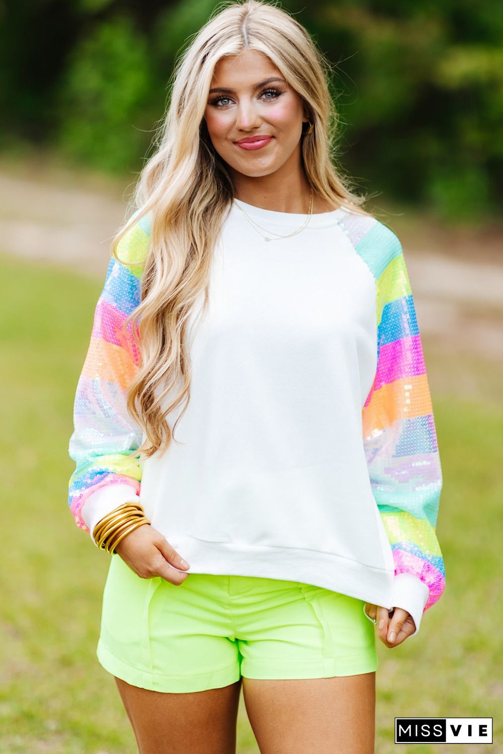 White Sequin Color Block Raglan Sleeve Pullover Sweatshirt