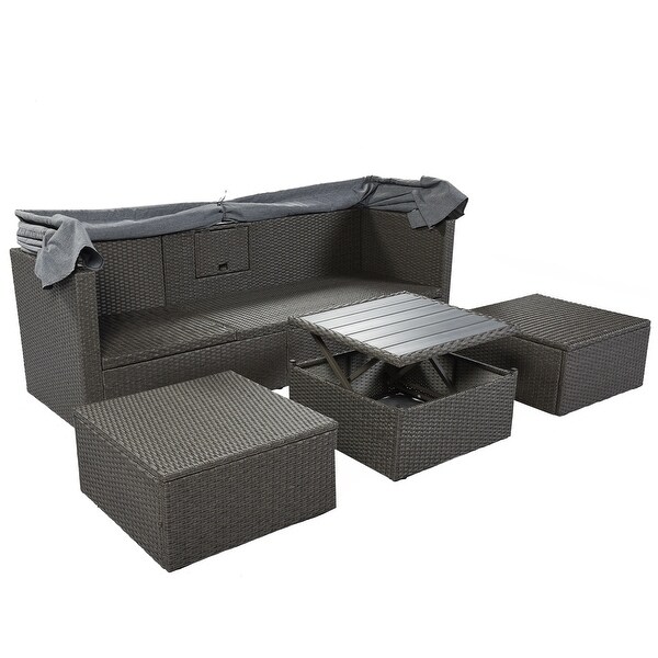 Roomfitters Outdoor Patio Rectangle Daybed with Retractable Canopy，Wicker Sectional Seating with Washable Cushions